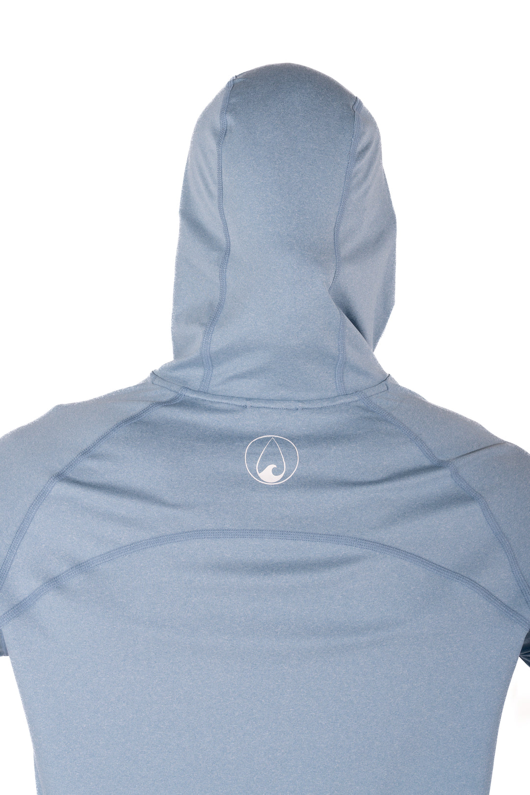 Back view of the Waihana Mariner Blue Hooded Long Sleeve Sun Shirt showing the structured hood, raglan seaming, and white Waihana logo on the upper back.